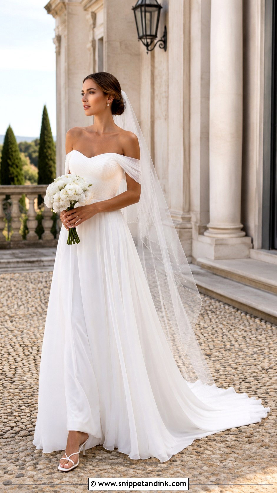 Off Shoulder Chiffon Wedding Dress - Snippet and Ink - 20 Lightweight Wedding Dress Ideas
