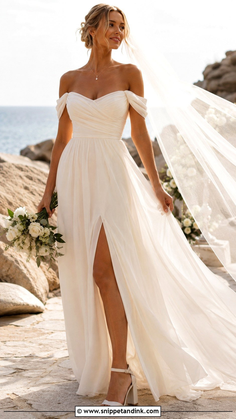 Off Shoulder Chiffon Wedding Dress With Draped Sleeves - Snippet and Ink - 20 Ethereal Wedding Dress with Sleeves