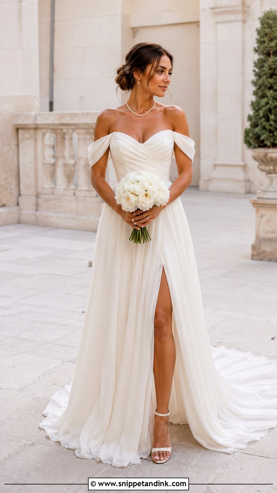 Off Shoulder Chiffon Wedding Dress - Snippet and Ink - 20 Flowy Chiffon Wedding Dress Ideas