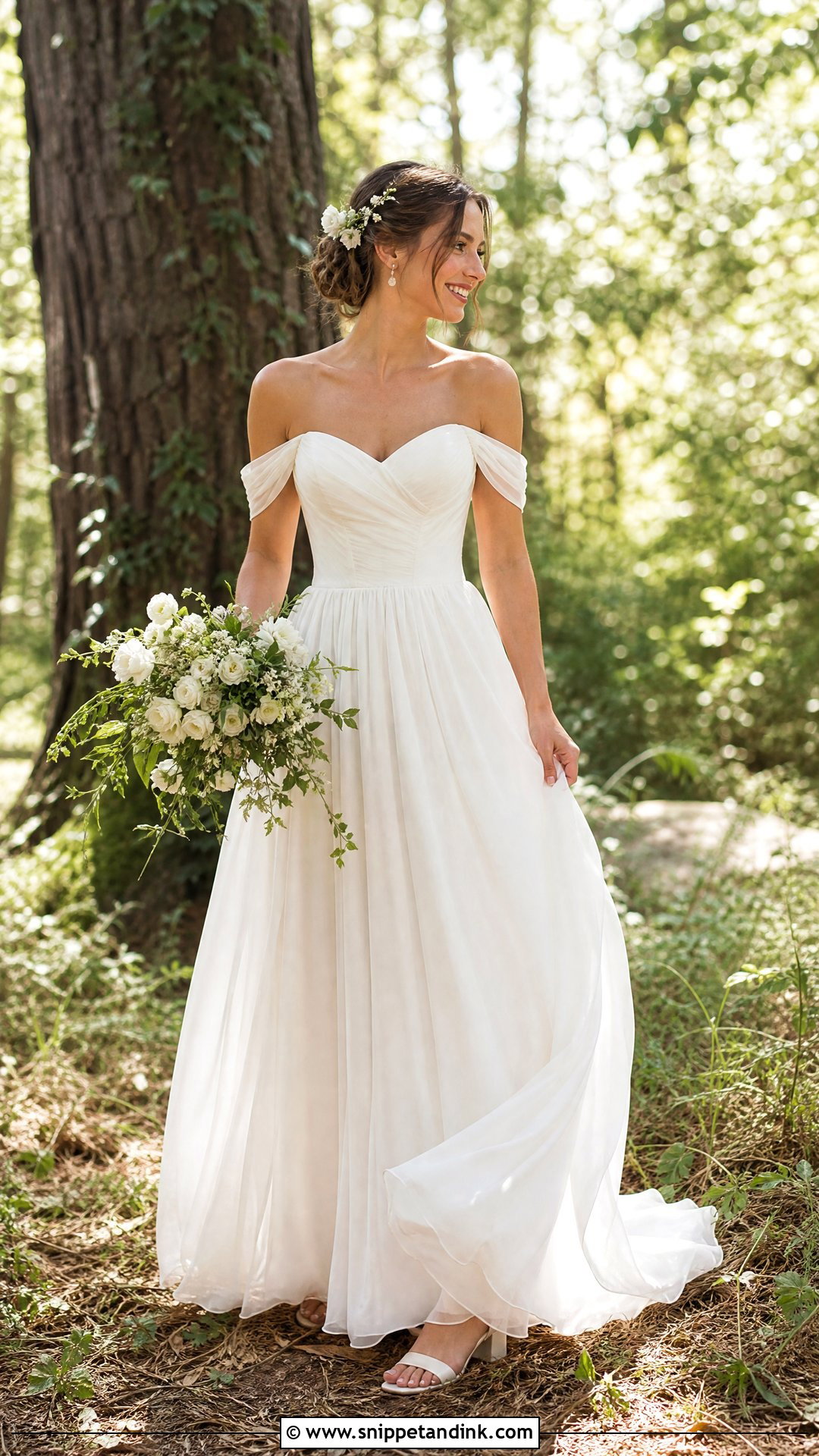 Off Shoulder Chiffon Woodland Wedding Dress - Snippet and Ink - 25 Woodland Wedding Dress Ideas