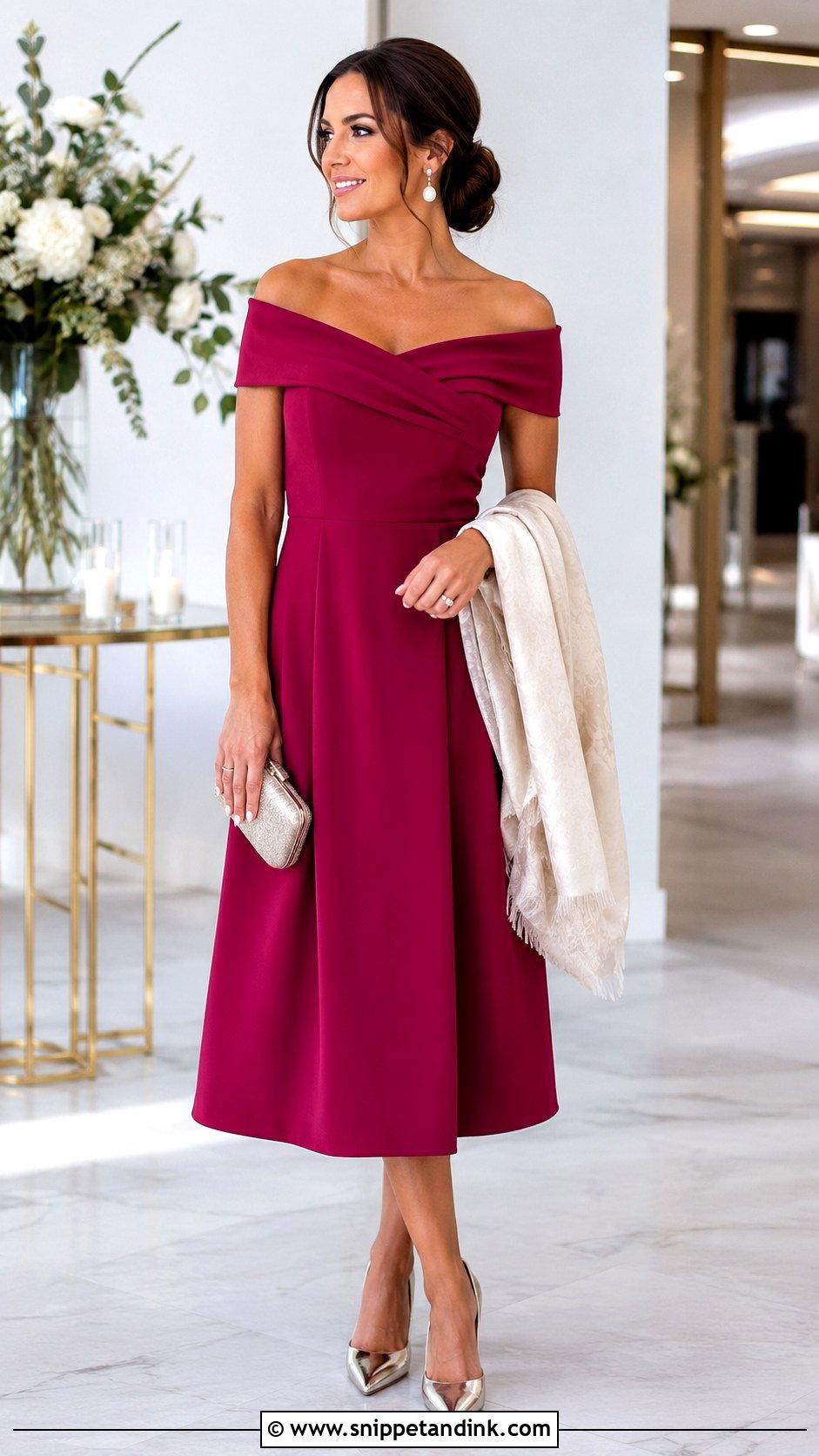 Off Shoulder Cocktail Dress With Pearl Earrings - Snippet and Ink - 20 Cocktail Dresses Wedding