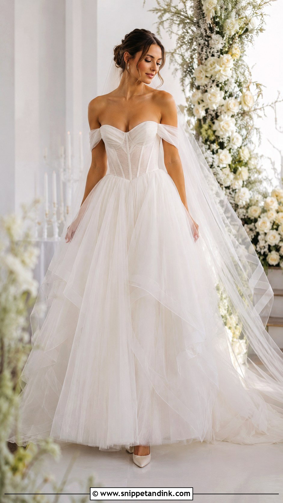 Off Shoulder Corset And Full Tulle Skirt Wedding Dress - Snippet and Ink - 20 Corset and Skirt Wedding Dress Ideas