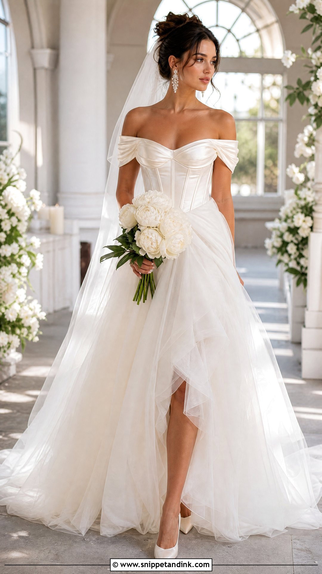 Off Shoulder Corset Wedding Dress With Tulle Skirt - Snippet and Ink - 20 Timeless Corset Wedding Dress Ideas