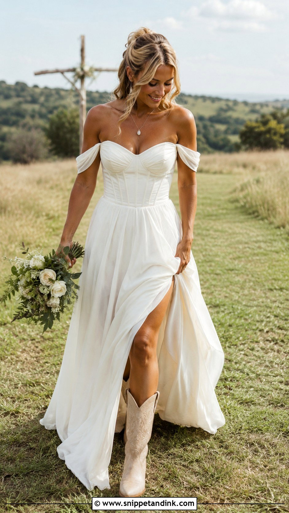 Off Shoulder Country Wedding Gown With Western Boots - Snippet and Ink - 20 Country Wedding Gowns