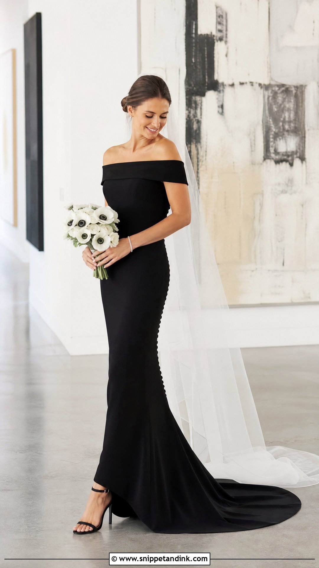 Off Shoulder Crepe Black Wedding Dress - Snippet and Ink - 20 Tight Fitting Black Wedding Dress Ideas