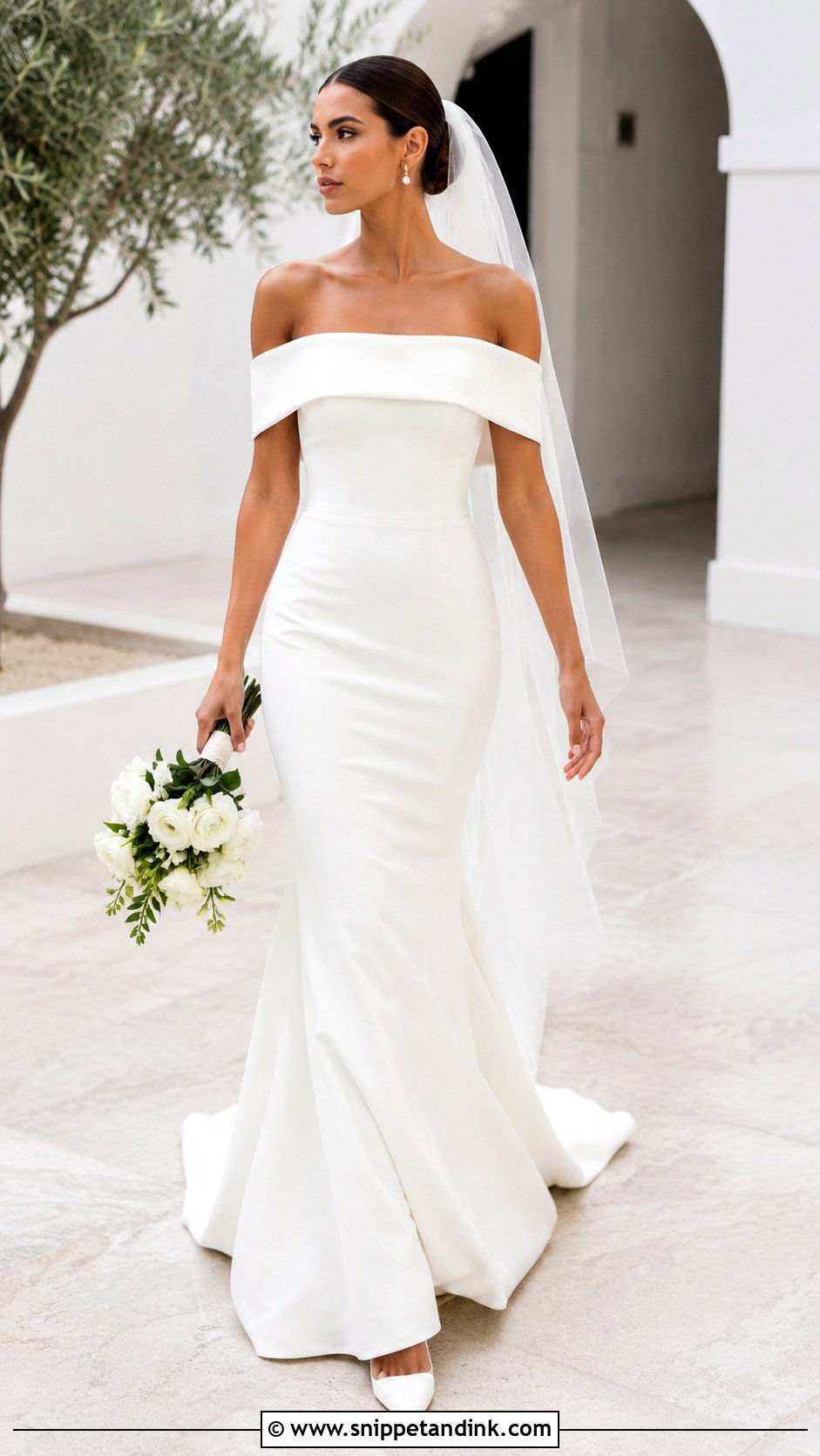 Off Shoulder Crepe Fish Tail Wedding Dress - Snippet and Ink - 20 Fish Tail Wedding Dress Ideas