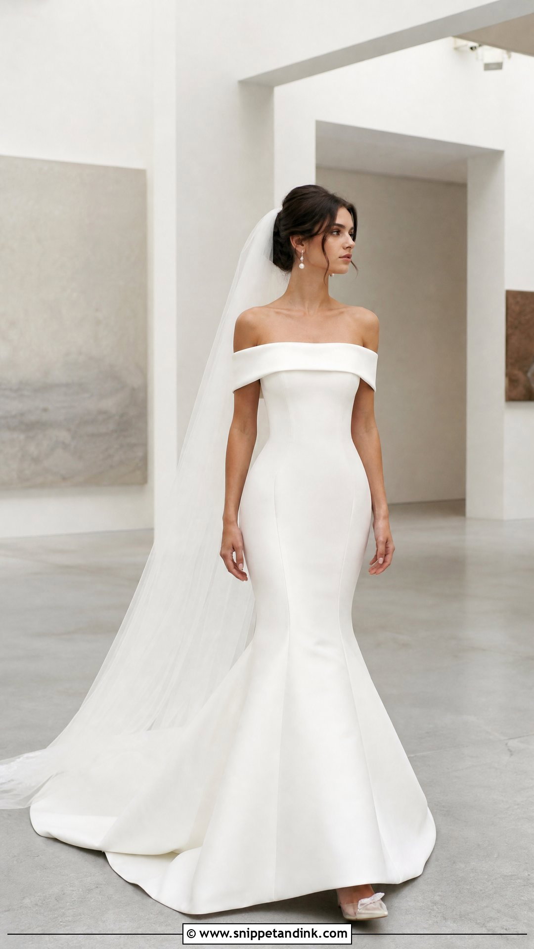 Off Shoulder Crepe Trumpet Wedding Gown - Snippet and Ink - 20 Trumpet Wedding Gown Ideas