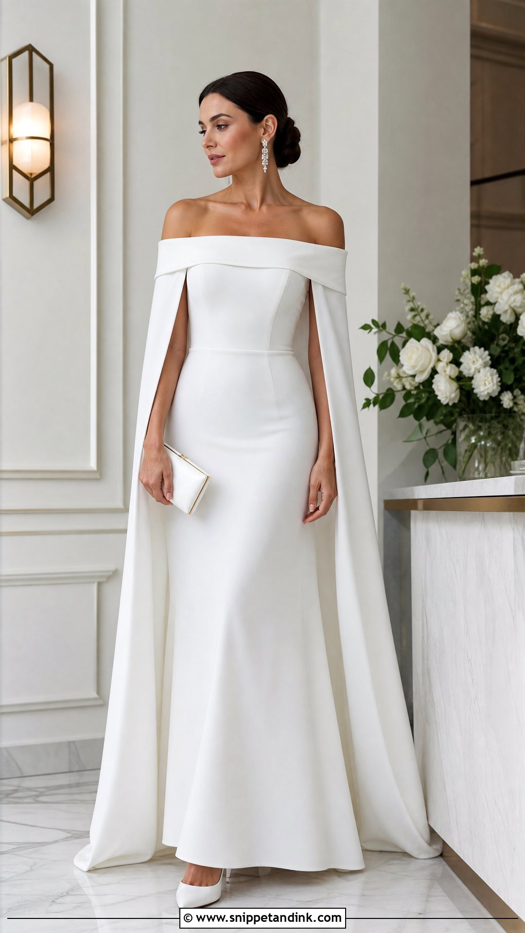 Off Shoulder Crepe Wedding Dress With Crystal Earrings - Snippet and Ink - 20 Second Marriage Wedding Dresses