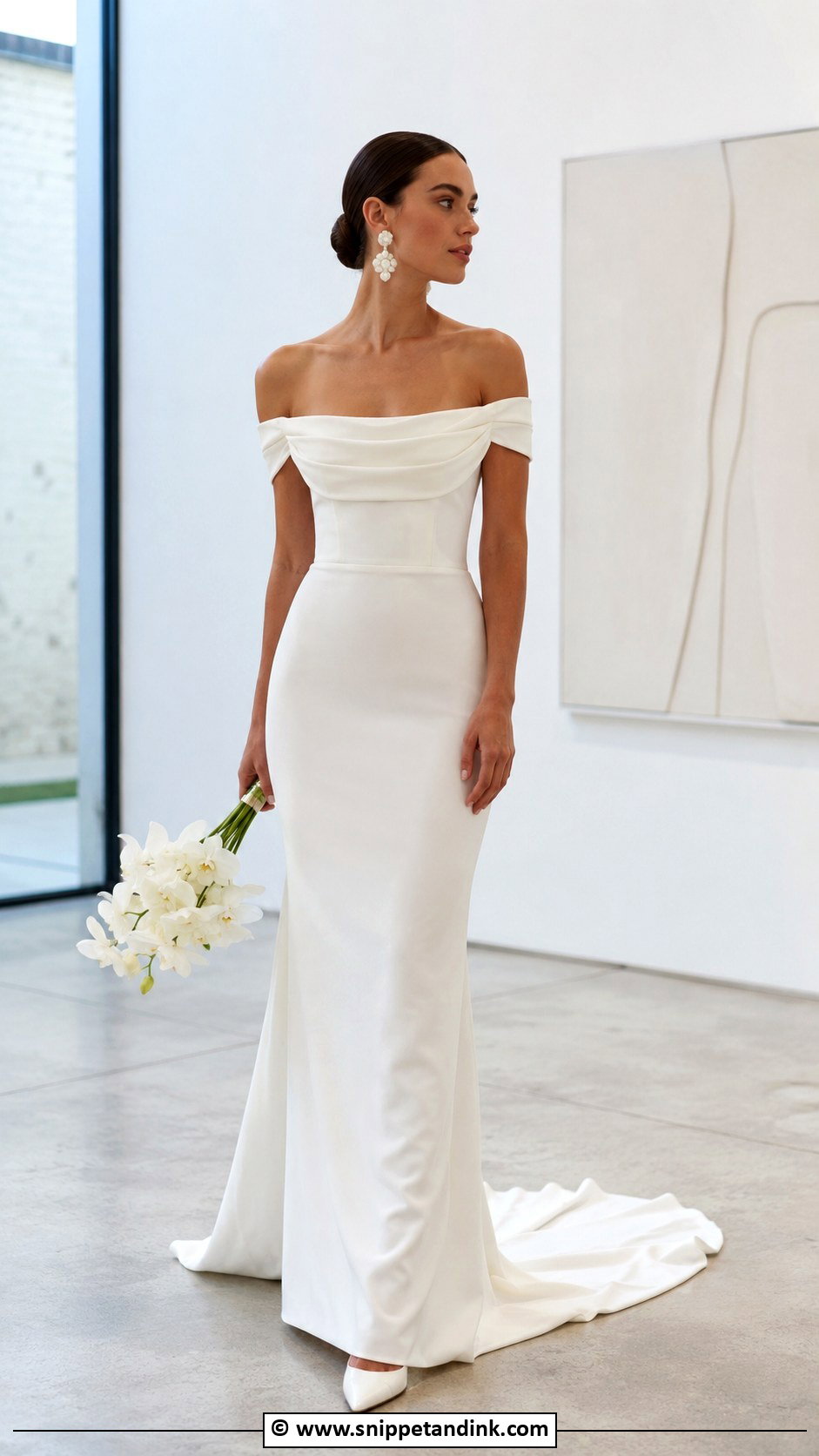 Off Shoulder Crepe Wedding Dress - Snippet and Ink - 35 Off Shoulder Wedding Dress Ideas