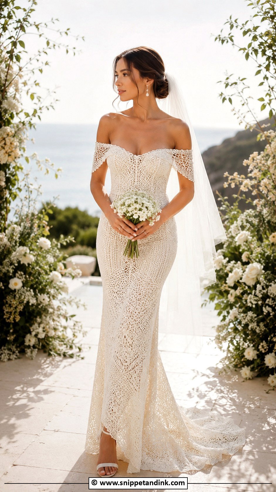 Off Shoulder Crochet Wedding Dress With Low Bun - Snippet and Ink - 30 Crochet Wedding Dress Ideas
