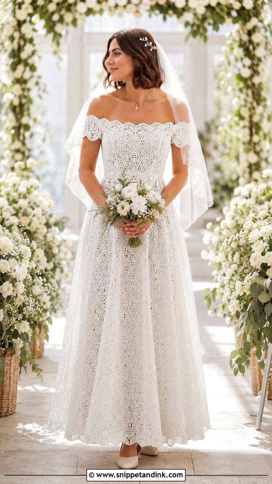 Off Shoulder Crochet Wedding Dress - Snippet and Ink - 20 DIY Crochet Wedding Dress Ideas