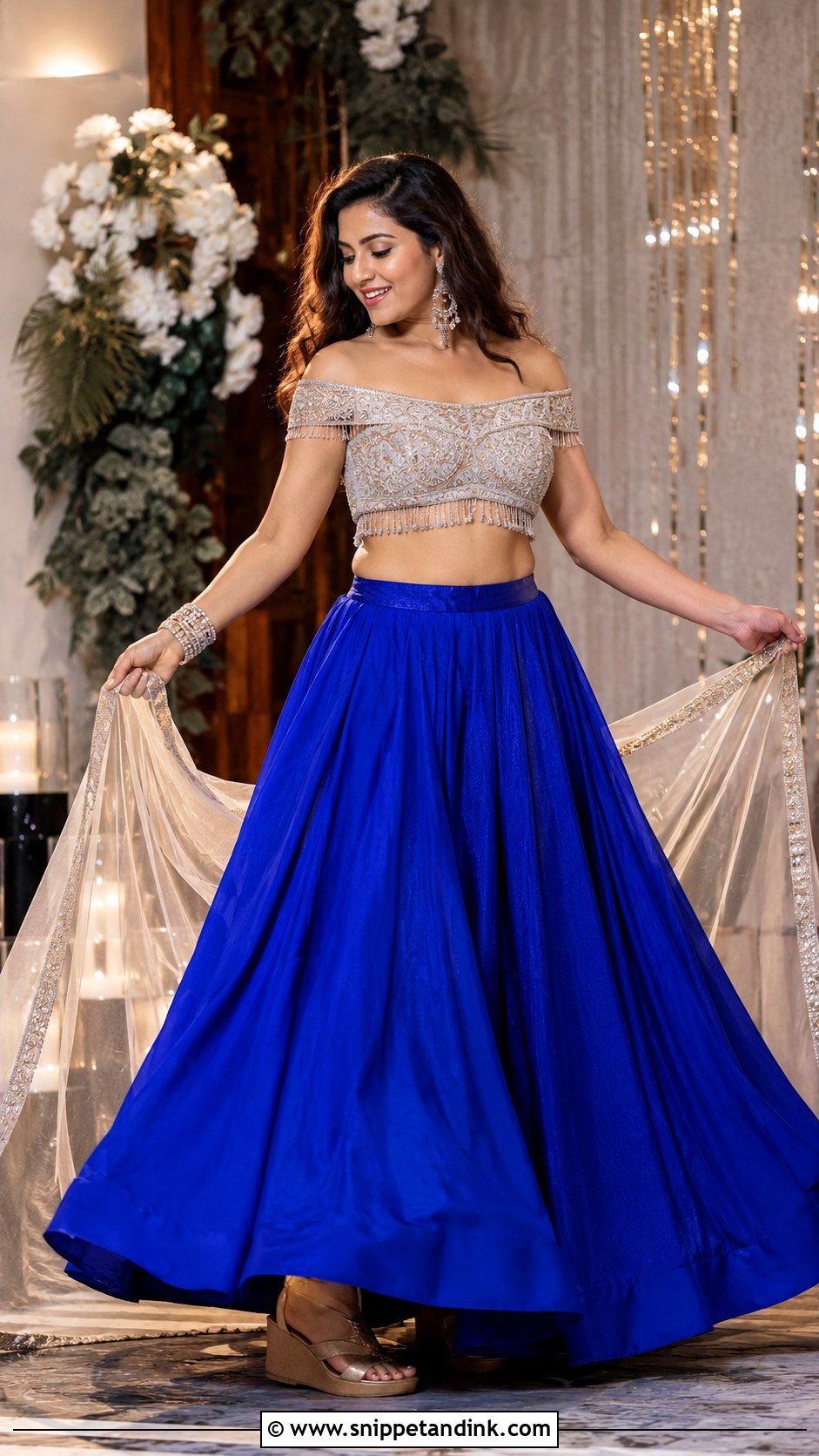 Off Shoulder Crop Top And Skirt For Sangeet - Snippet and Ink - 25 Skirt and Crop Top Indian Weddings Ideas