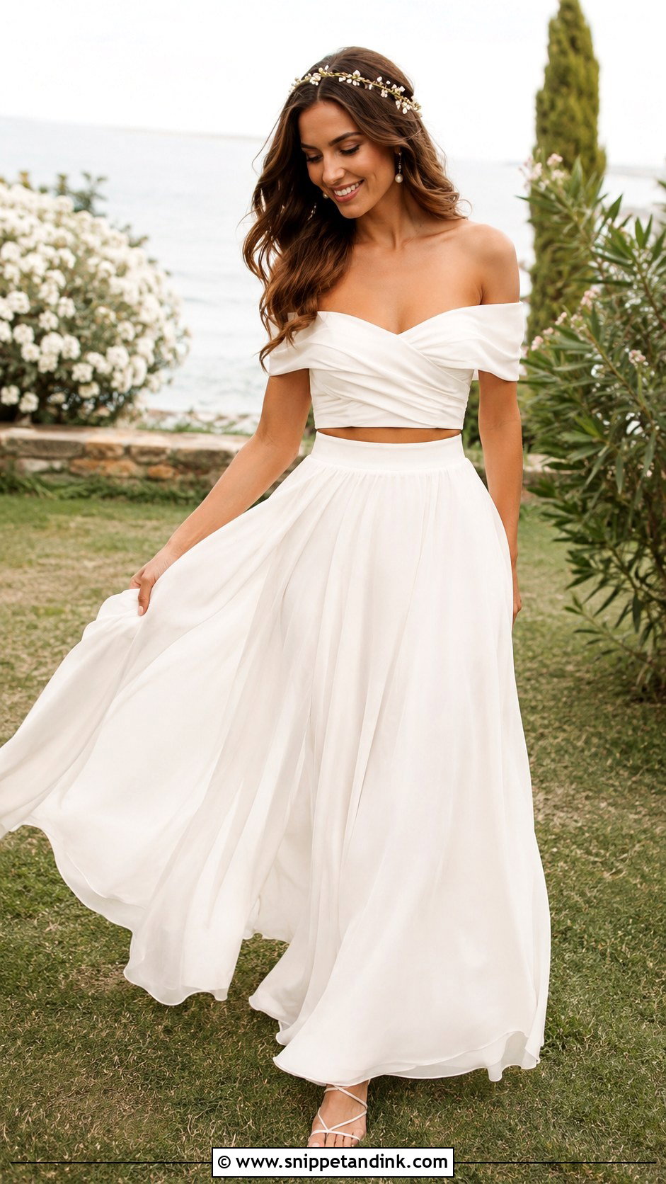 Off Shoulder Crop Top Wedding Dress With Chiffon Skirt - Snippet and Ink - 20 Crop Top Wedding Dress Ideas
