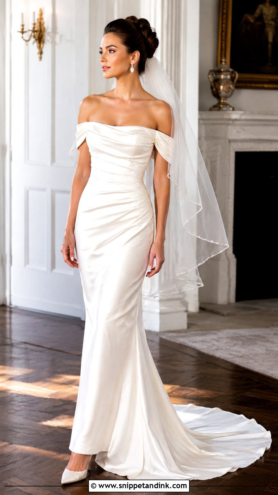 Off Shoulder Draped Fitted Wedding Gown - Snippet and Ink - 20 Fitted Wedding Gown Ideas