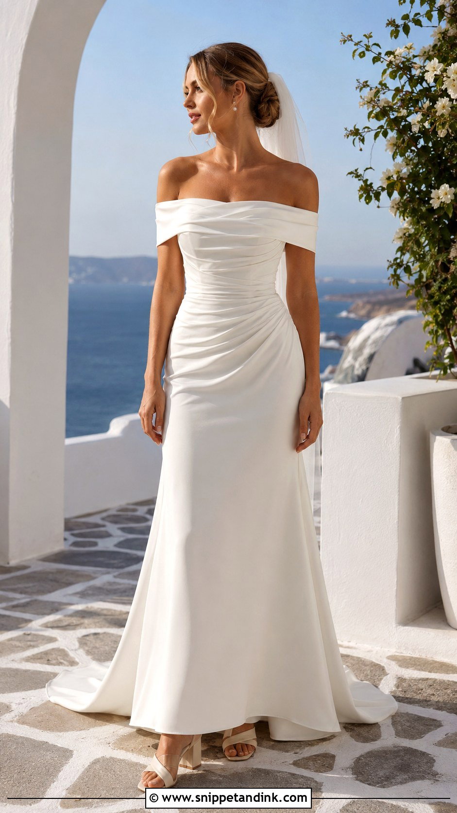 Off Shoulder Draped Greece Wedding Dress - Snippet and Ink - 20 Greece Wedding Dress Ideas