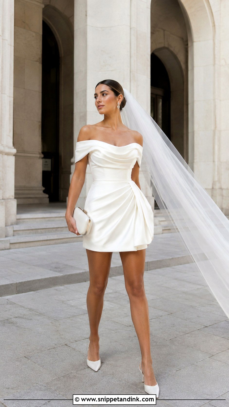 Off Shoulder Draped Short Wedding Dress - Snippet and Ink - 20 Modern Short Wedding Dress Ideas