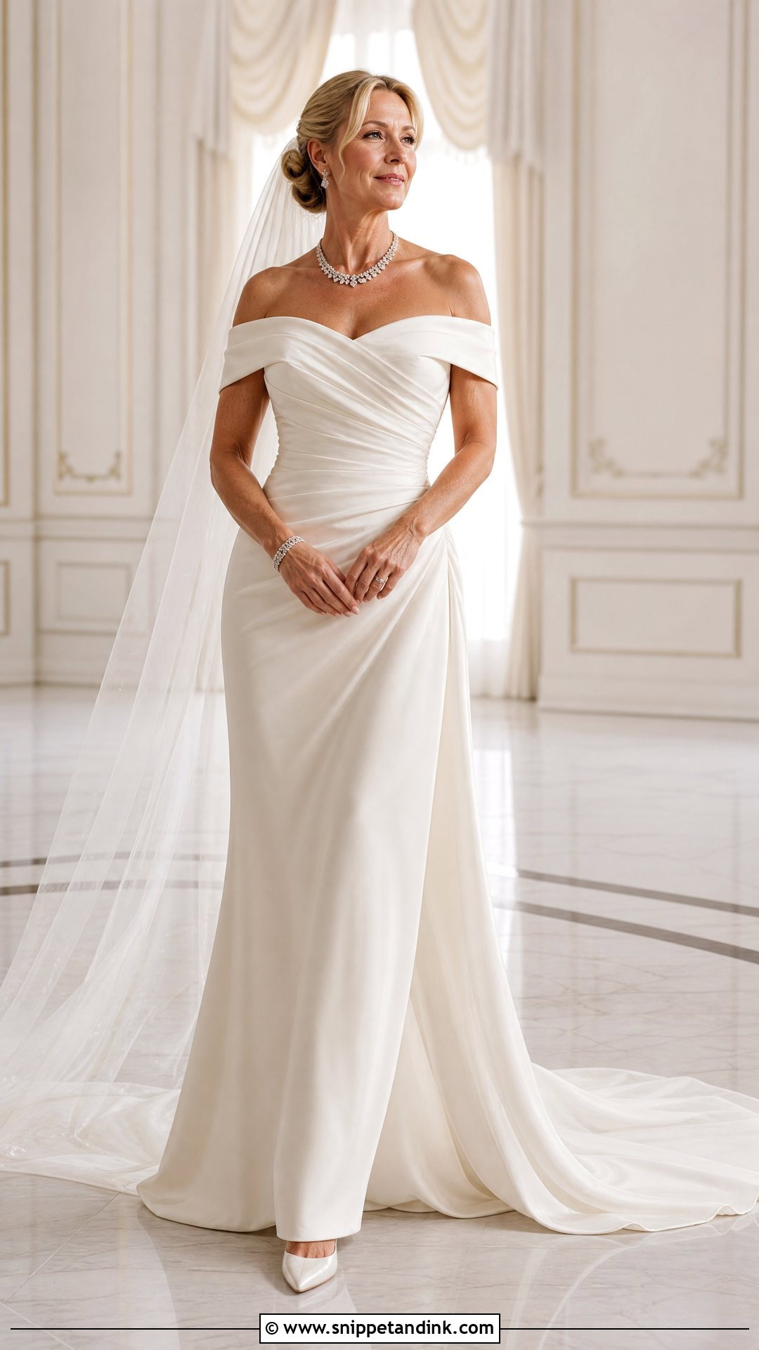 Off Shoulder Draped Wedding Dress - Snippet and Ink - 20 Wedding Dresses for 50 Year Olds Brides