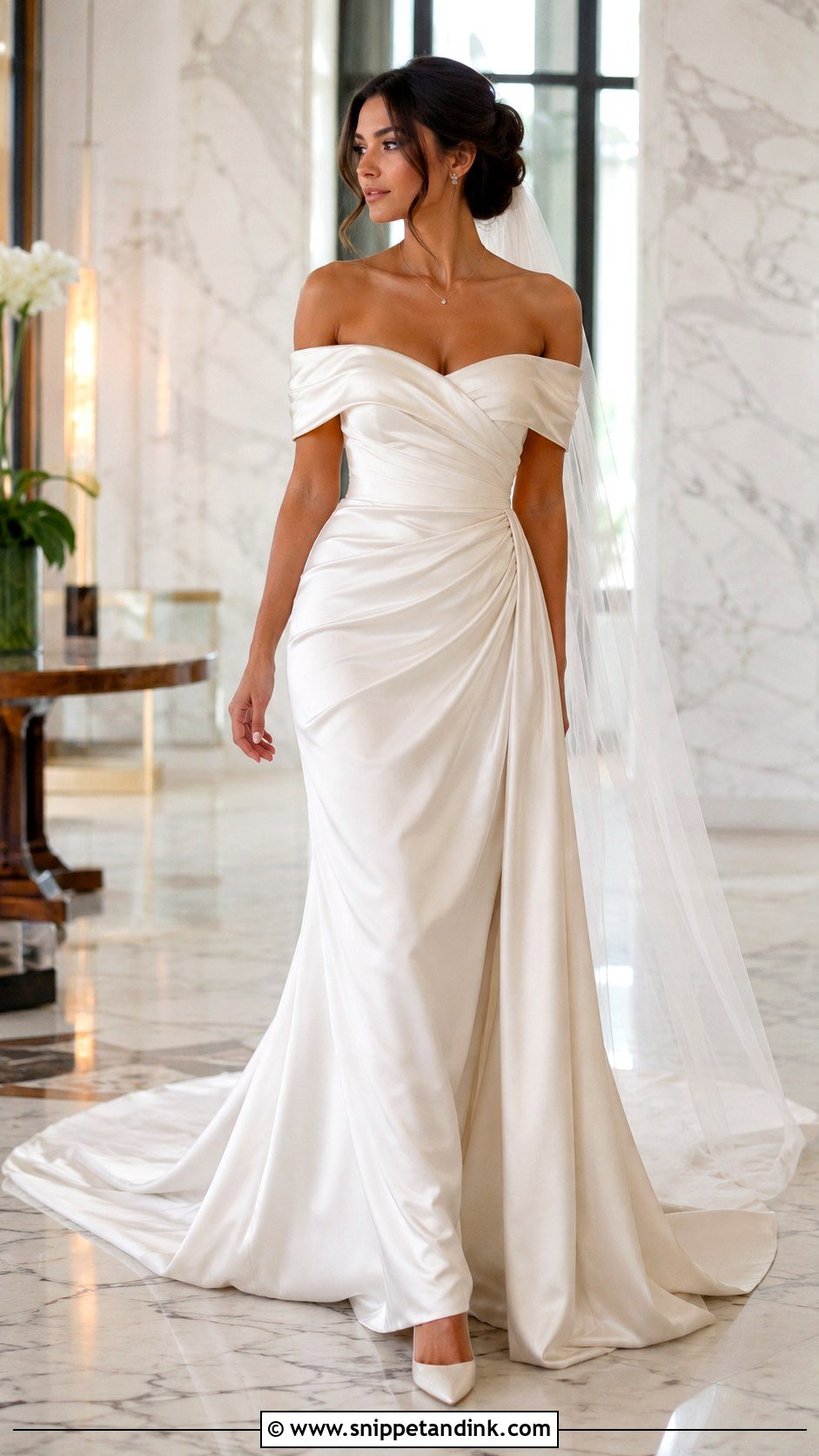 Off Shoulder Draped Wedding Dress - Snippet and Ink - 20 Modern Chic Wedding Dress Ideas