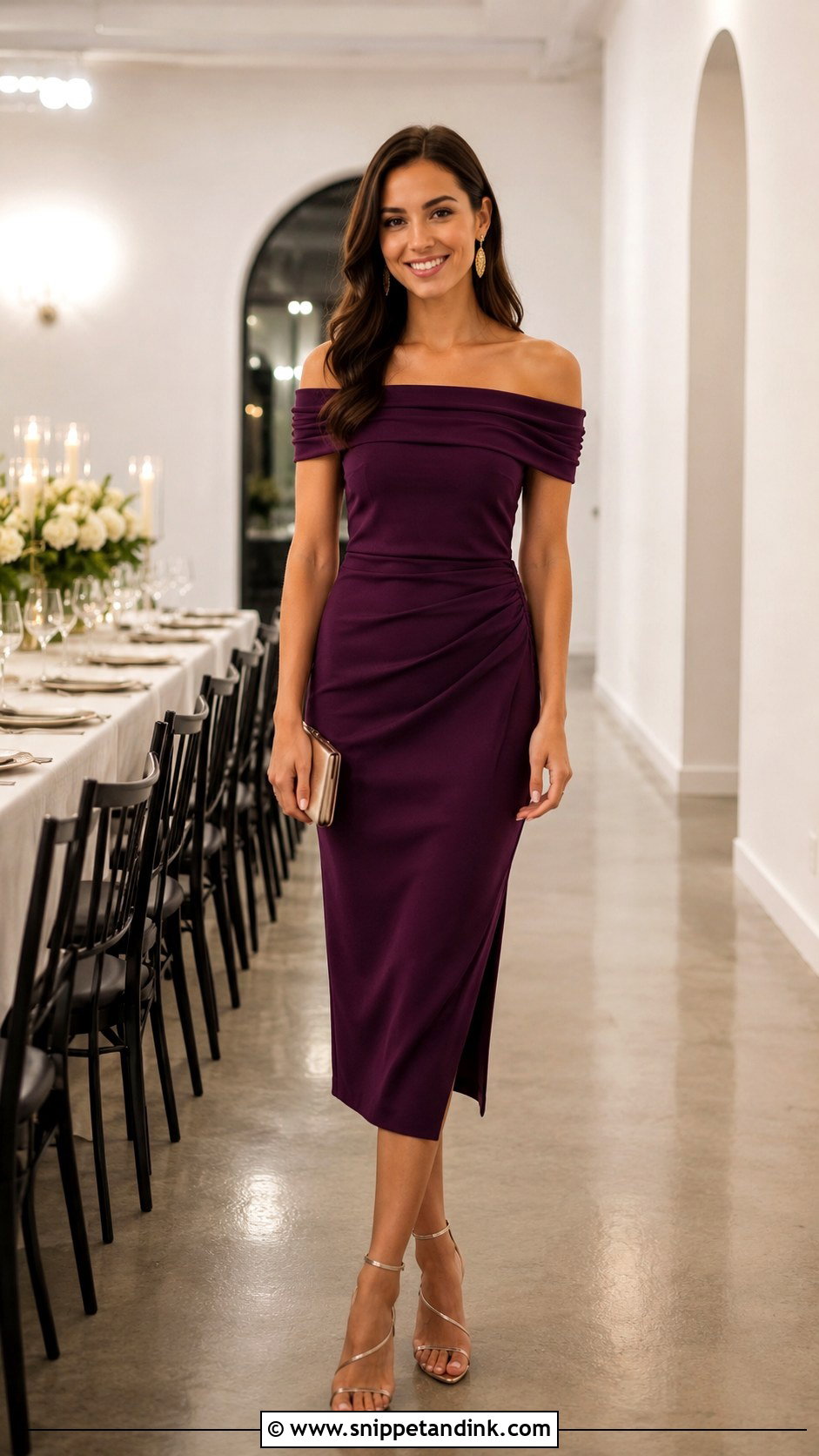 Off Shoulder Dress Wedding Dinner Outfit - Snippet and Ink - 25 Wedding Dinner Outfit Ideas