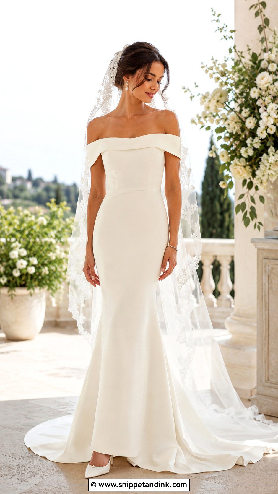 Off Shoulder Dress With Cap Veil - Snippet and Ink - 25 Cap Veil Ideas