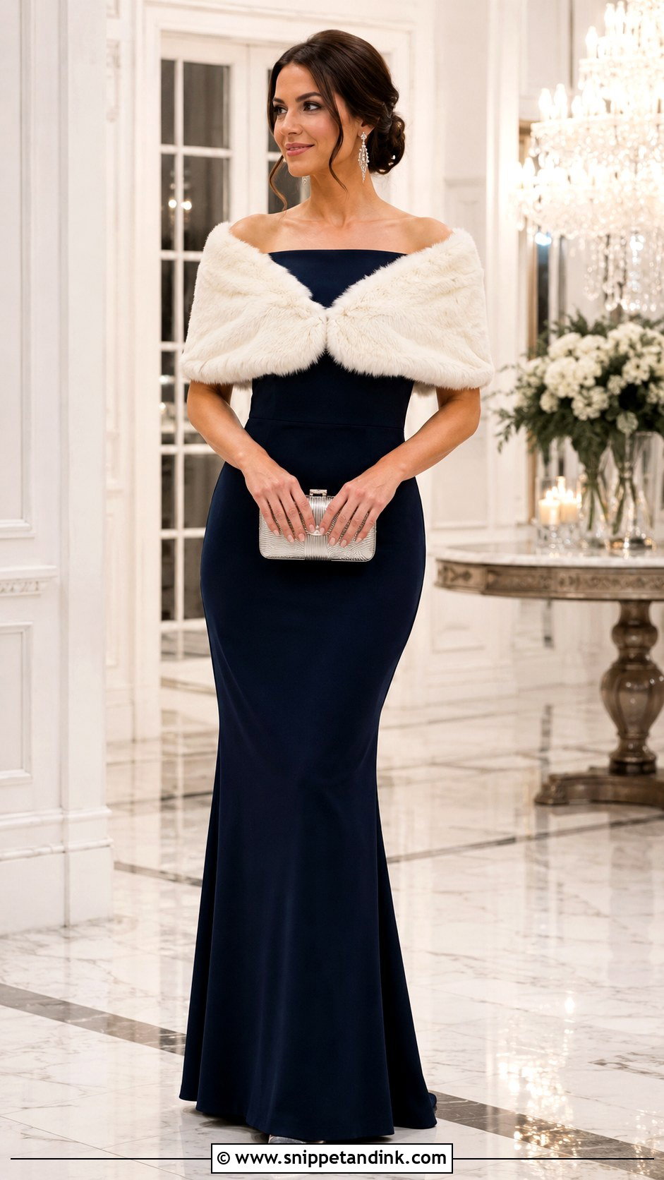 Off Shoulder Dress With Faux Fur Shawl - Snippet and Ink - 20 Dress and Shawl Ideas