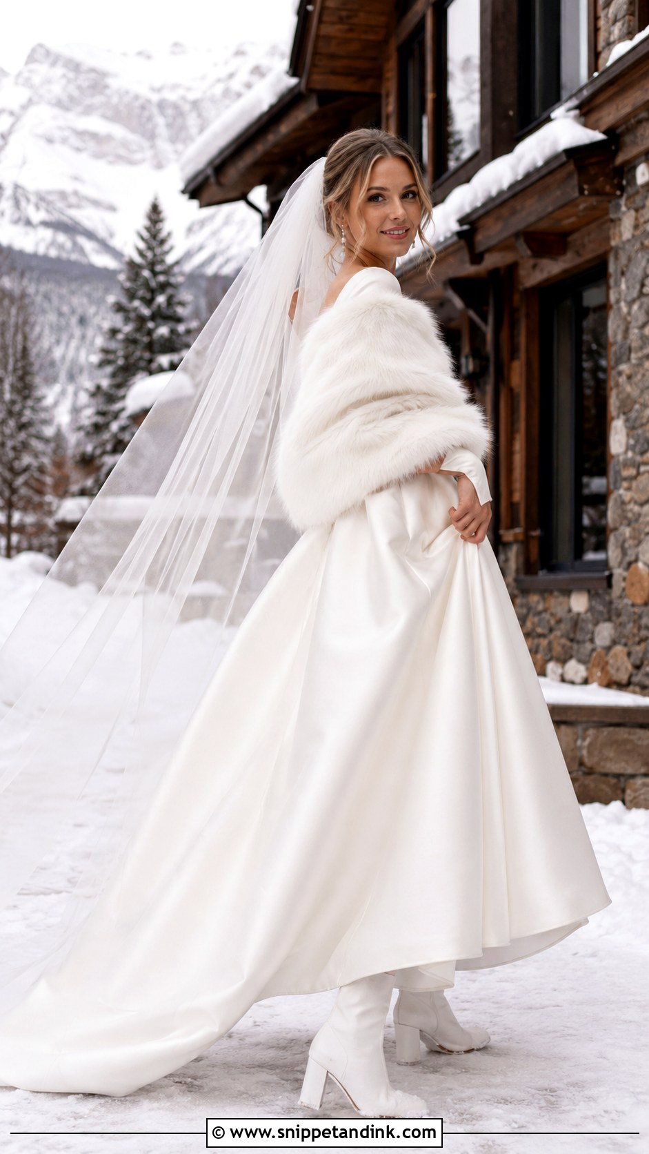 Off Shoulder Dress With Faux Fur Wrap - Snippet and Ink - 20 Snow Wedding Dress Ideas