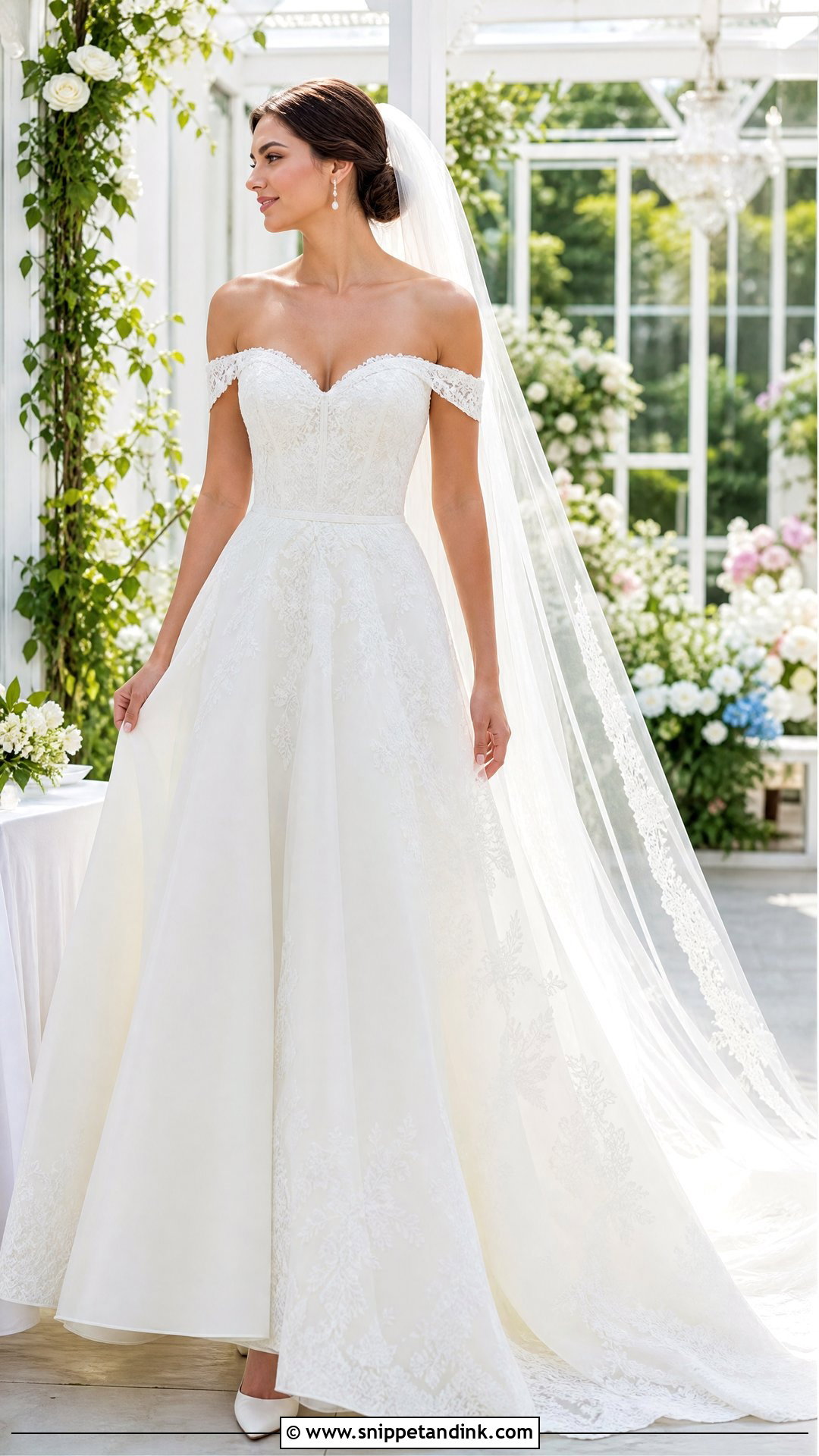 Off Shoulder Dress With Lace Train - Snippet and Ink - 25 Dress Train Ideas