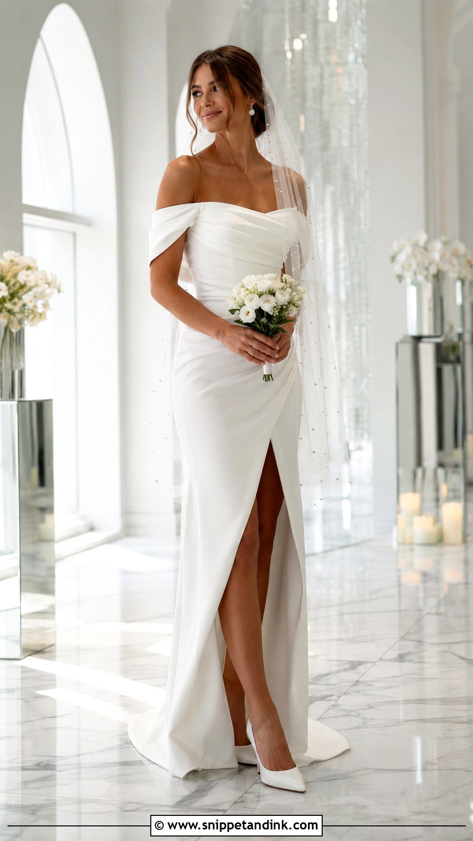 Off Shoulder Dress With Pearl Veil - Snippet and Ink - 30 Vegas Elopement Dress Ideas