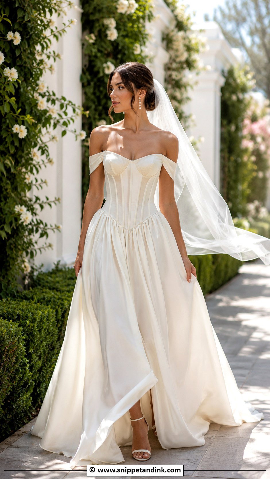 Off Shoulder Drop Waist Corset Wedding Dress - Snippet and Ink - 30 Drop Waist Corset Wedding Dress Ideas