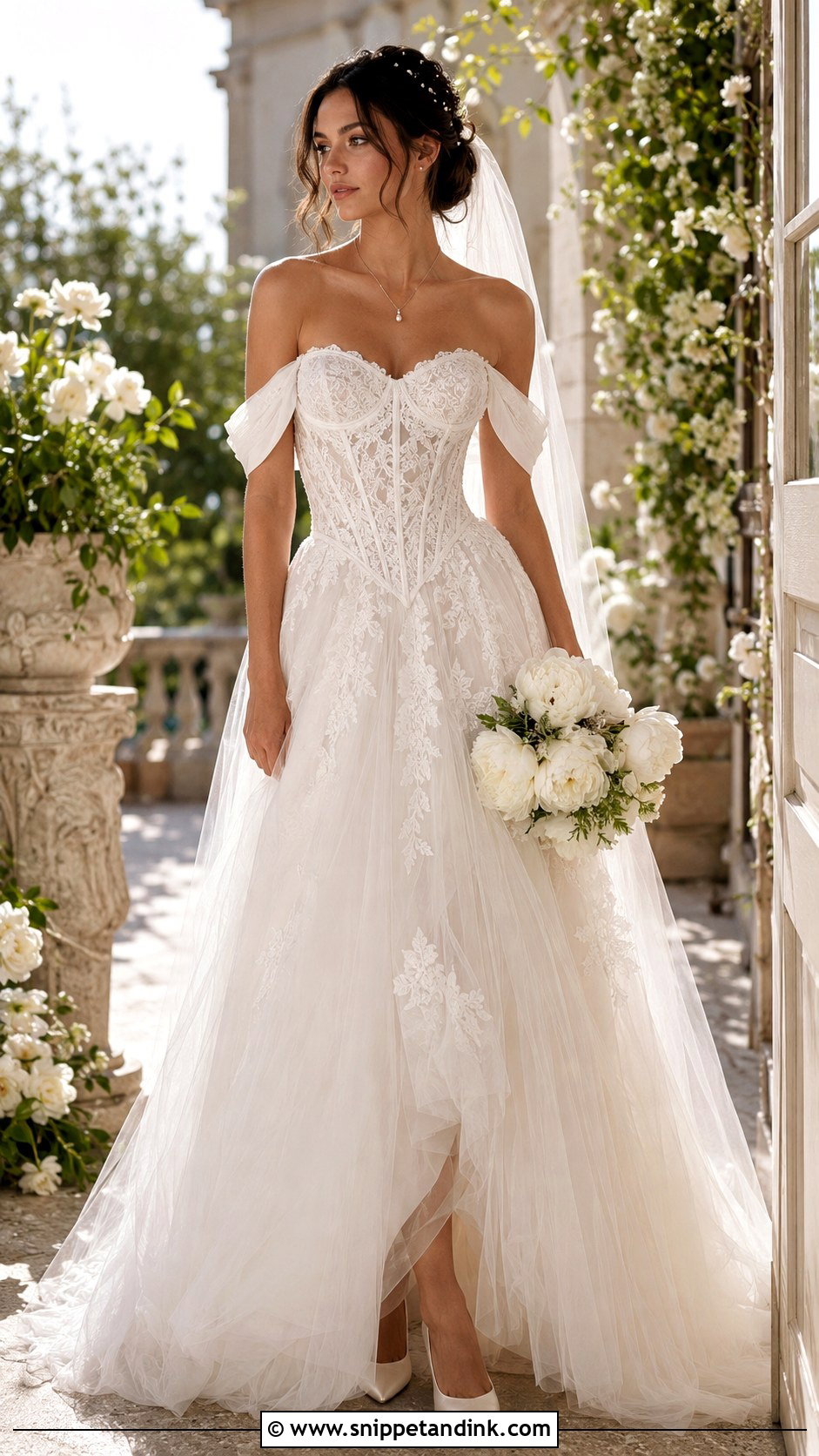Off Shoulder Drop Waist Lace Wedding Dress - Snippet and Ink - 20 Drop Waist Lace Wedding Dress Ideas