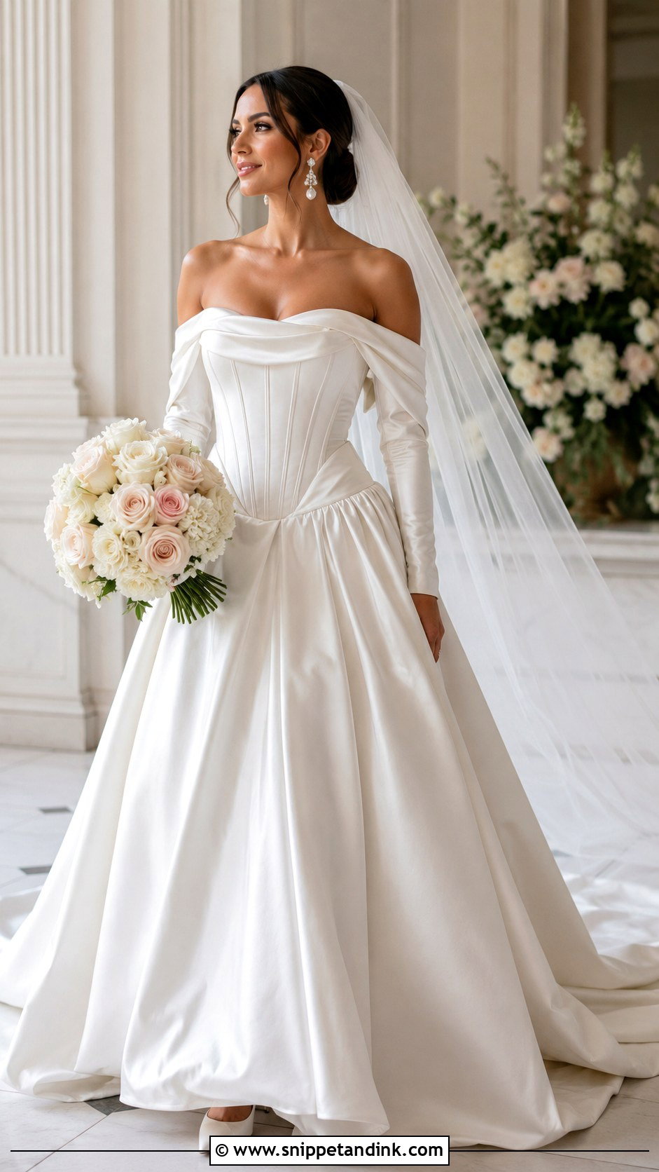 Off Shoulder Drop Waist Wedding Dress With Draped Sleeves - Snippet and Ink - 20 Drop Waist Wedding Dress with Sleeves