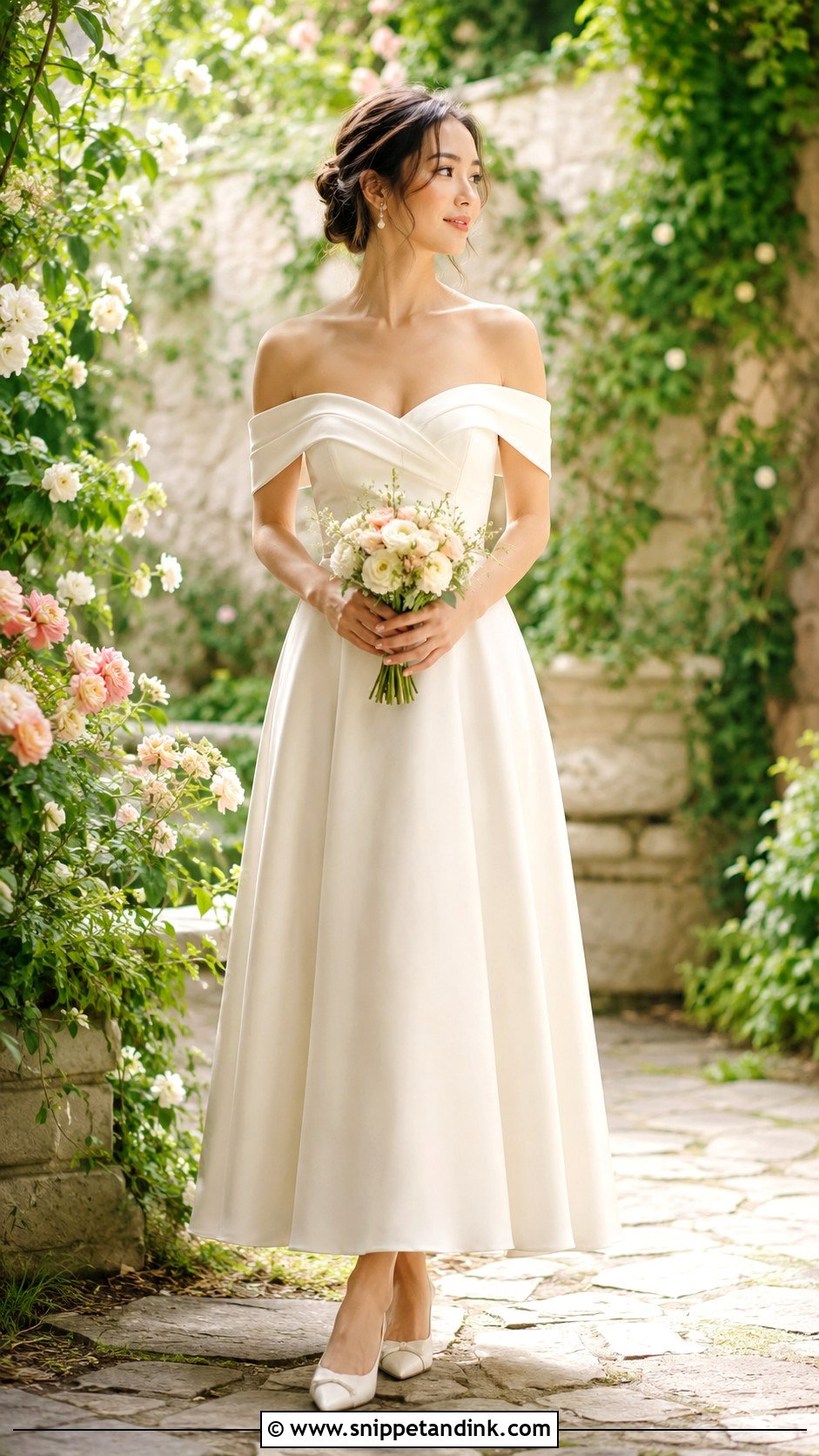 Off Shoulder Elopement Dress With Low Heels - Snippet and Ink - 25 Elopement Dresses