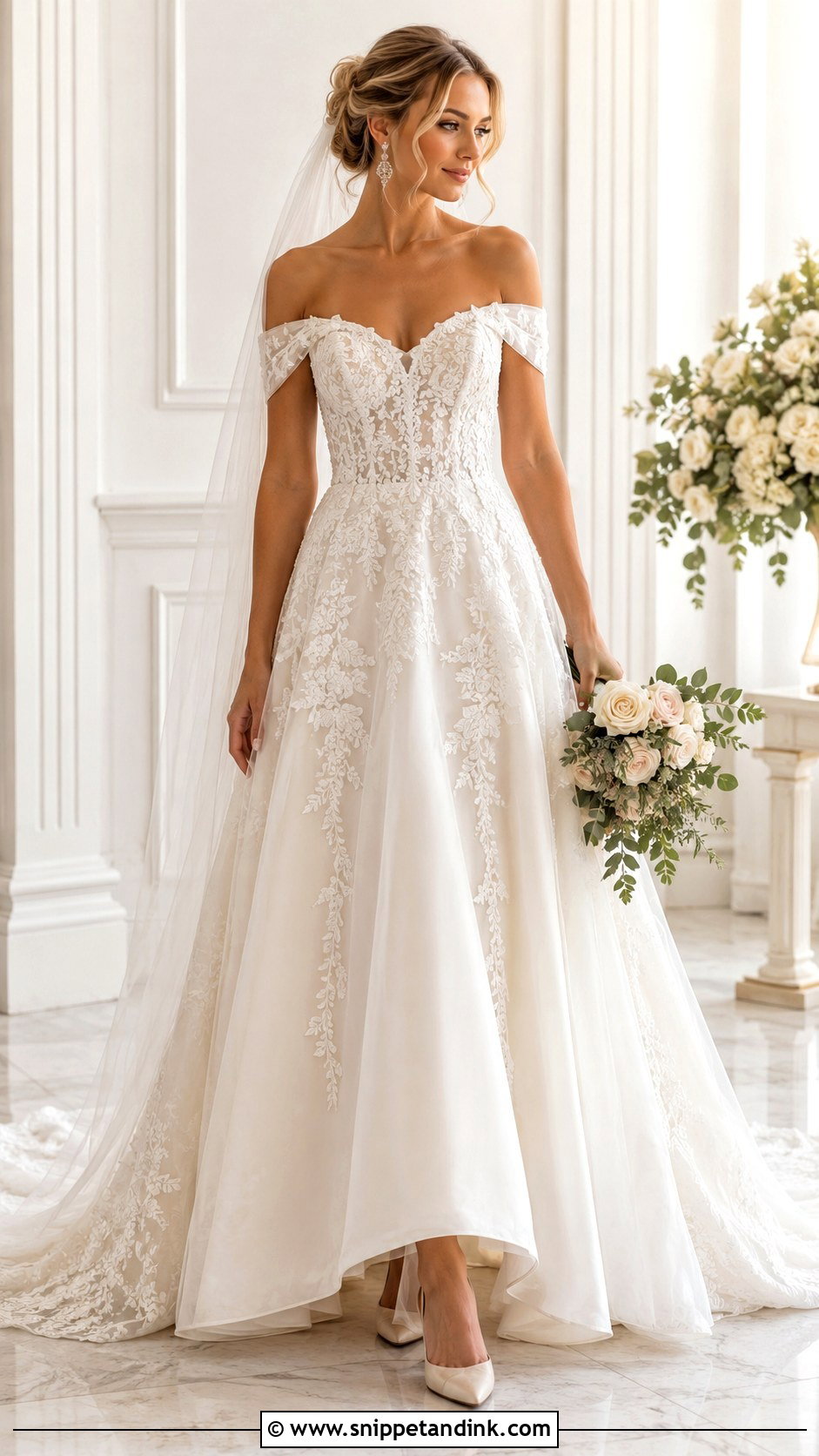 Off Shoulder Embroidered Wedding Dress - Snippet and Ink - 30 Embroidered Wedding Dress Ideas