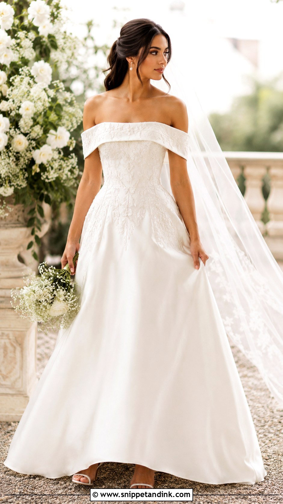 Off Shoulder Embroidered Wedding Gown - Snippet and Ink - 20 Embroidered Wedding Gown Ideas