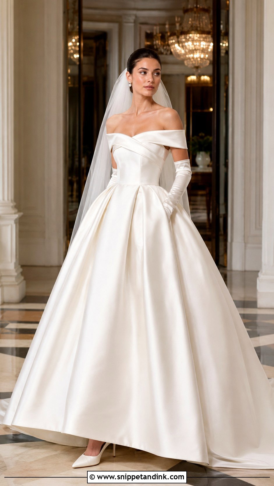 Off Shoulder Empress Wedding Dress With Gloves - Snippet and Ink - 20 Empress Wedding Dress Ideas