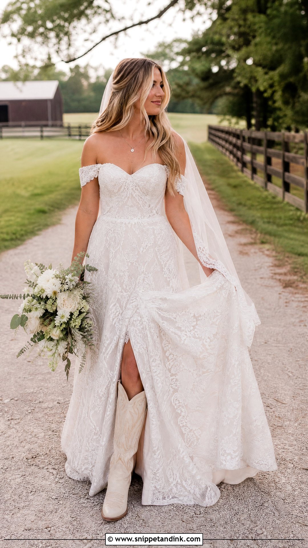 Off Shoulder Farm Wedding Dress With Western Boots - Snippet and Ink - 25 Farm Wedding Dress Ideas