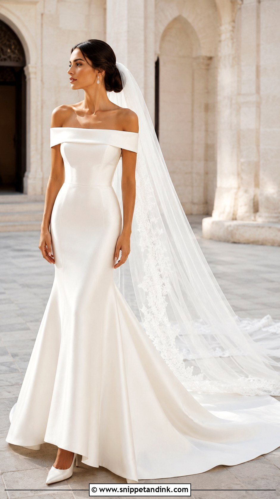 Off Shoulder Fit And Flare Train Dress - Snippet and Ink - 20 Bridal Train Dresses