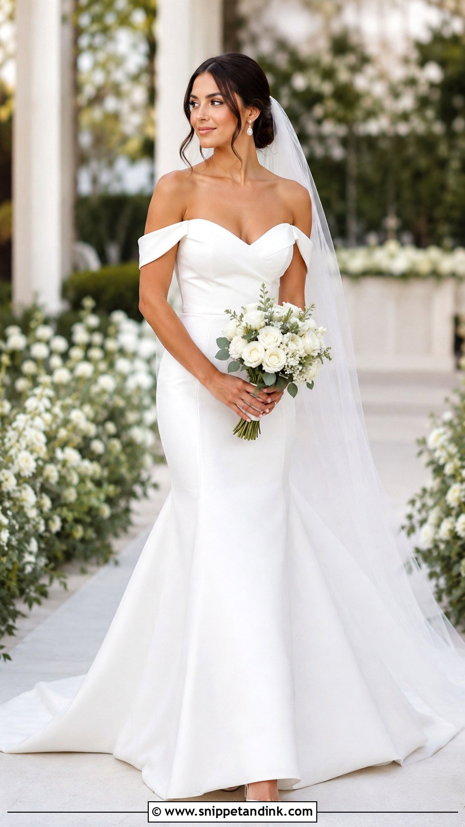 Off Shoulder Fit And Flare Wedding Dress - Snippet and Ink - 20 Slim Fit Wedding Dresses