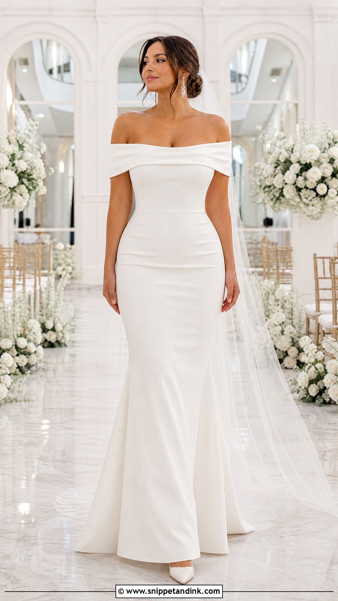 Off Shoulder Fit and Flare Wedding Dress - Snippet and Ink - 20 Wedding Dress for Pear Shape Ideas