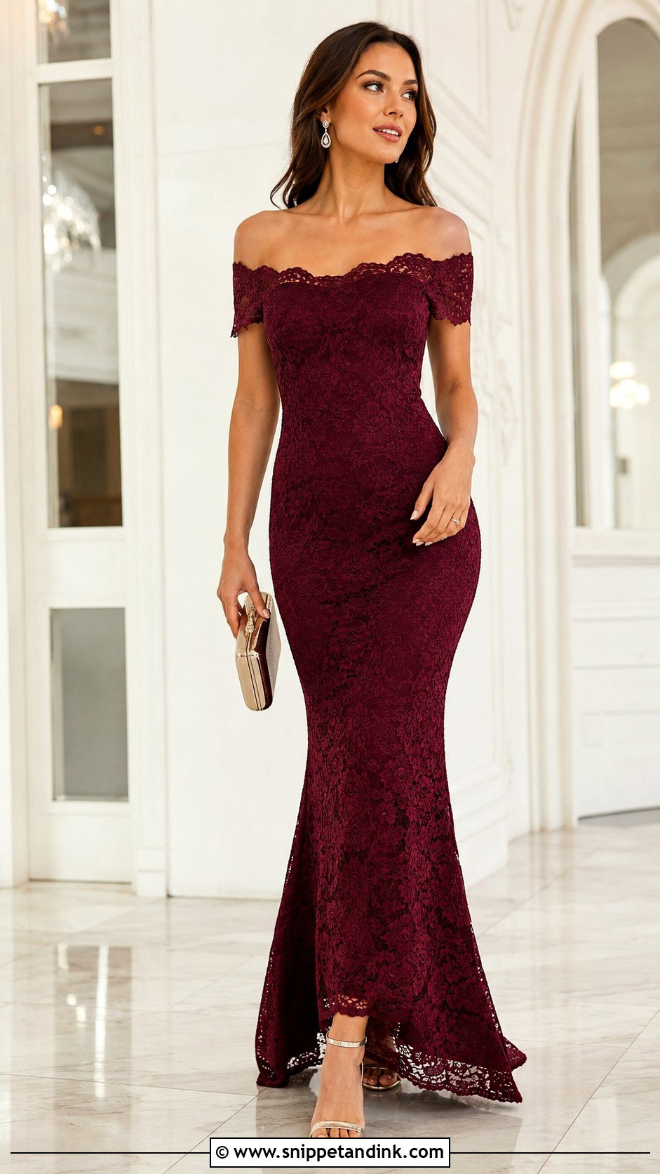Off Shoulder Fitted Lace Gown - Snippet and Ink - 20 Fitted Lace Gown Styles