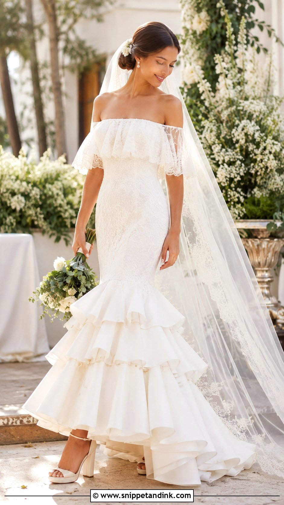 Off Shoulder Flamenco Wedding Dress With Lace Ruffles - Snippet and Ink - 20 Flamenco Wedding Dress Ideas