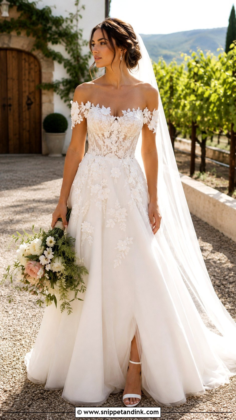Off Shoulder Floral Applique Wedding Dress - Snippet and Ink - 20 Floral Applique Wedding Dress Ideas