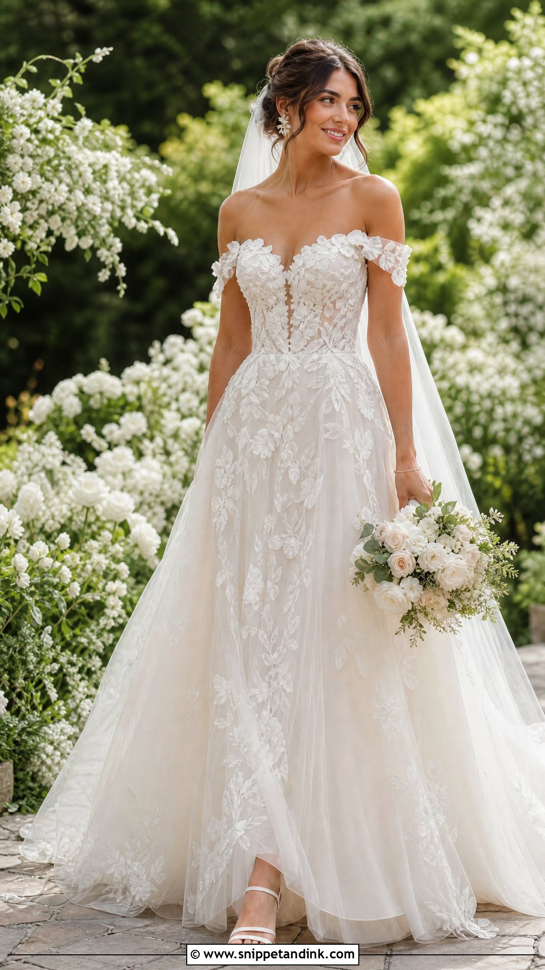 Off Shoulder Floral Applique Wedding Gown - Snippet and Ink - 25 Off Shoulder Wedding Gown Ideas