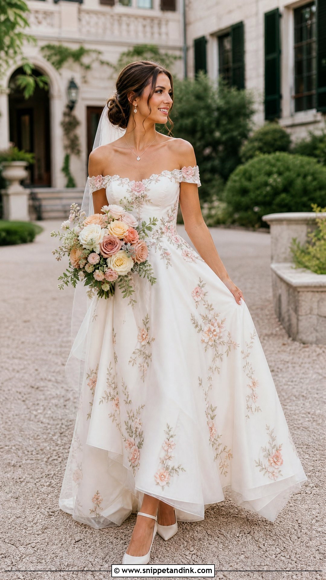 Off Shoulder Floral Embroidered Wedding Dress - Snippet and Ink - 20 Wedding Dress Flowers Embroidery