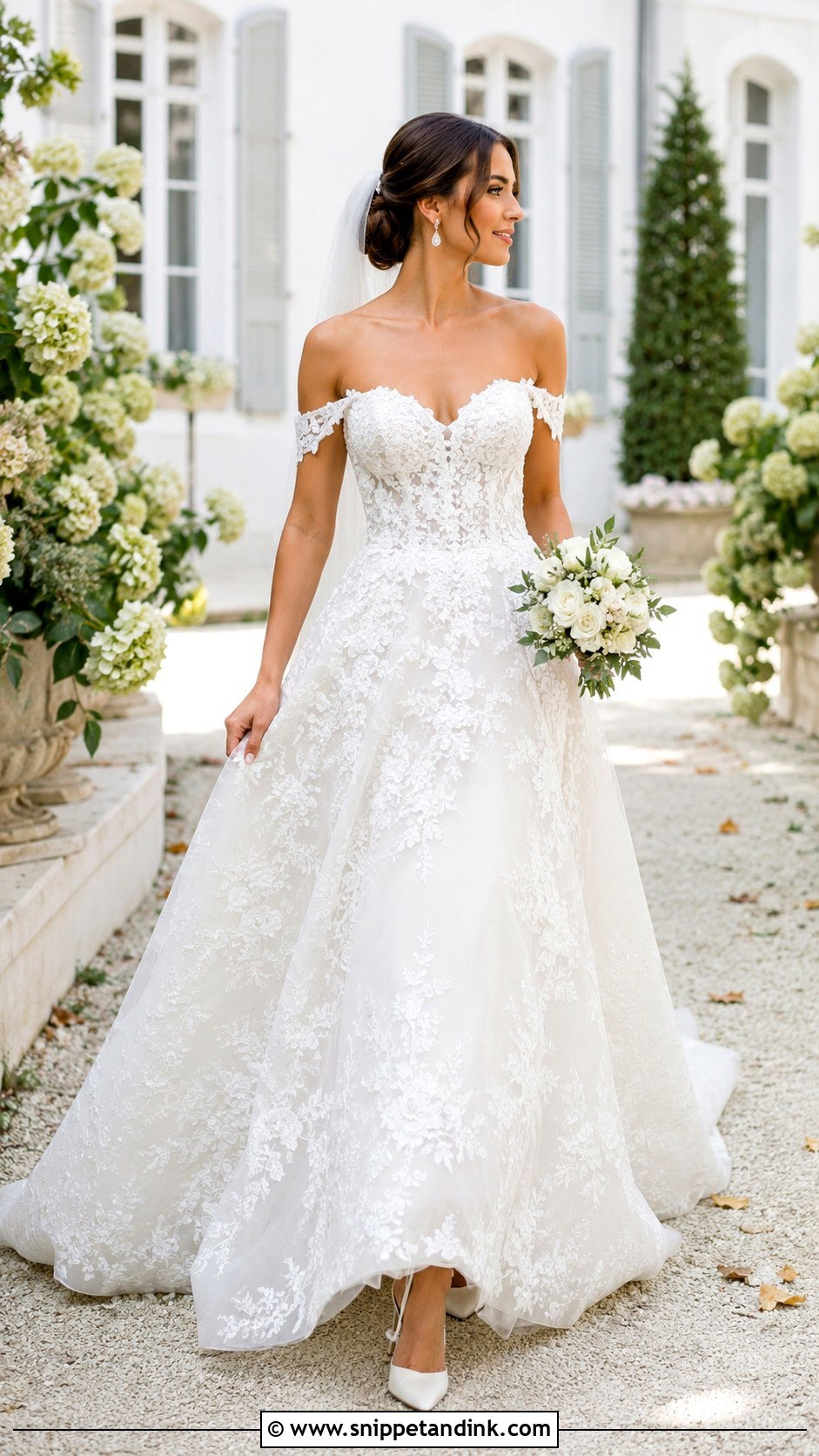 Off Shoulder Floral Lace Wedding Gown - Snippet and Ink - 20 Floral Flower Wedding Dress Gown Ideas