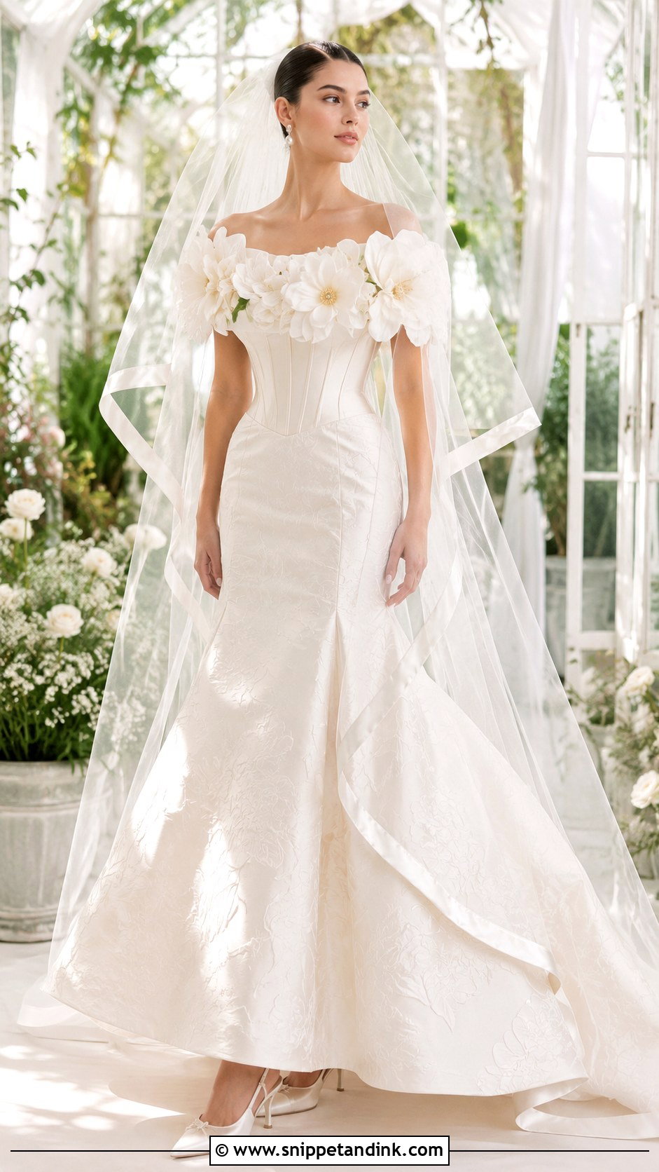 Off Shoulder Floral Schiaparelli Wedding Dress - Snippet and Ink - 20 Schiaparelli Wedding Dress Ideas