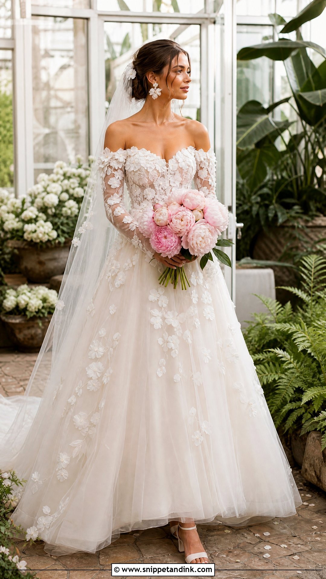 Off Shoulder Floral Sleeve Wedding Dress - Snippet and Ink - 20 Off Shoulder Sleeve Wedding Dress Ideas