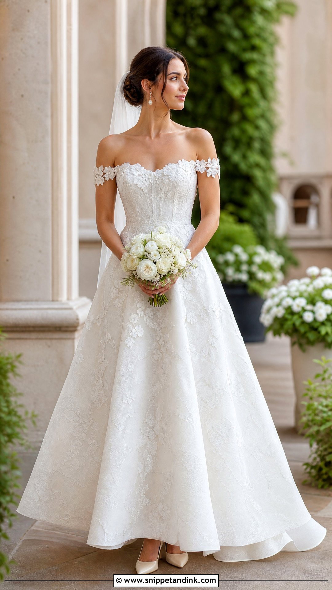 Off Shoulder Floral Wedding Dress - Snippet and Ink - 20 Wedding Dresses with Flowers Detail