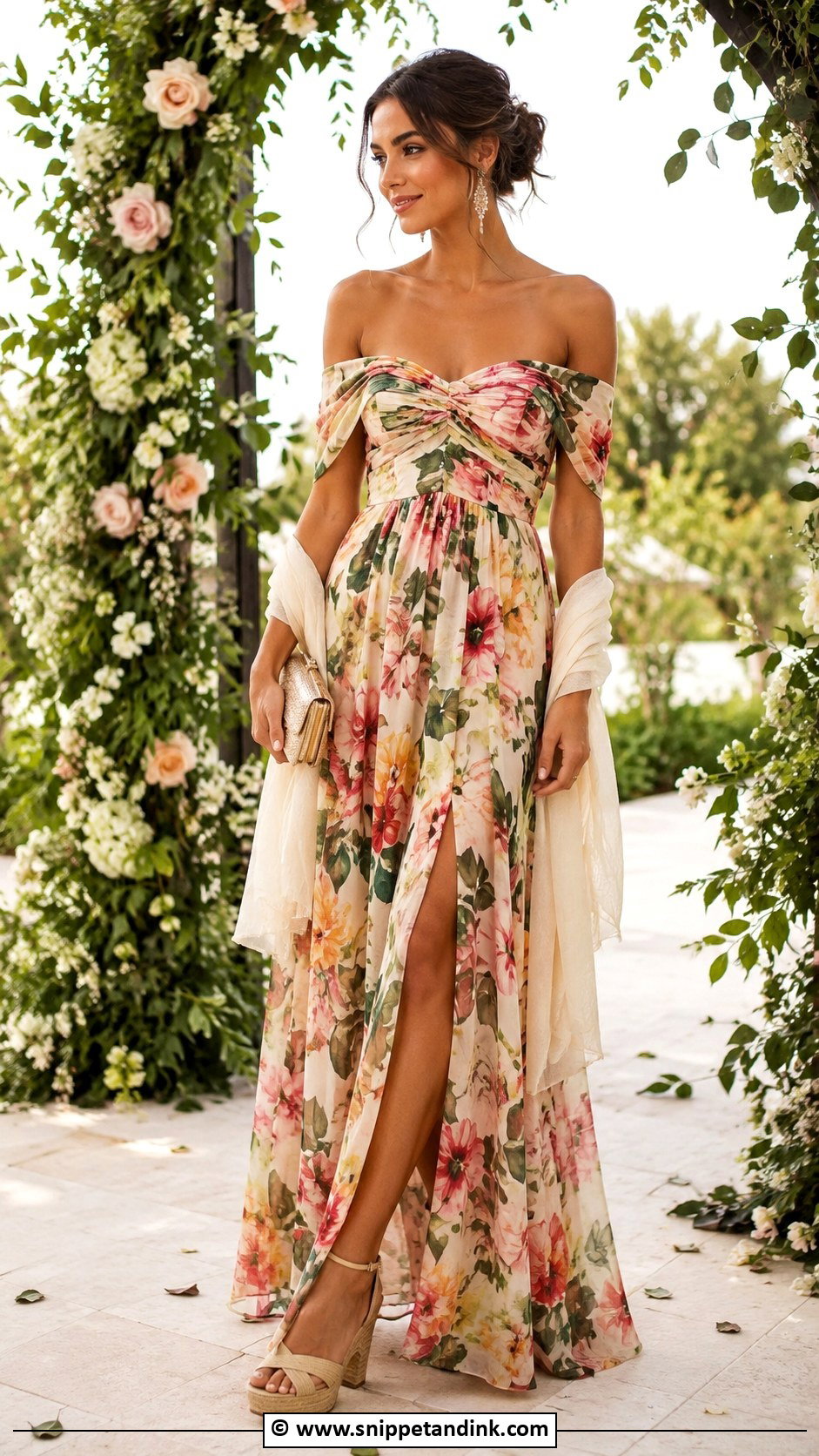 Off Shoulder Garden Wedding Dress With Wedge Heels - Snippet and Ink - 30 Garden Wedding Dress Ideas