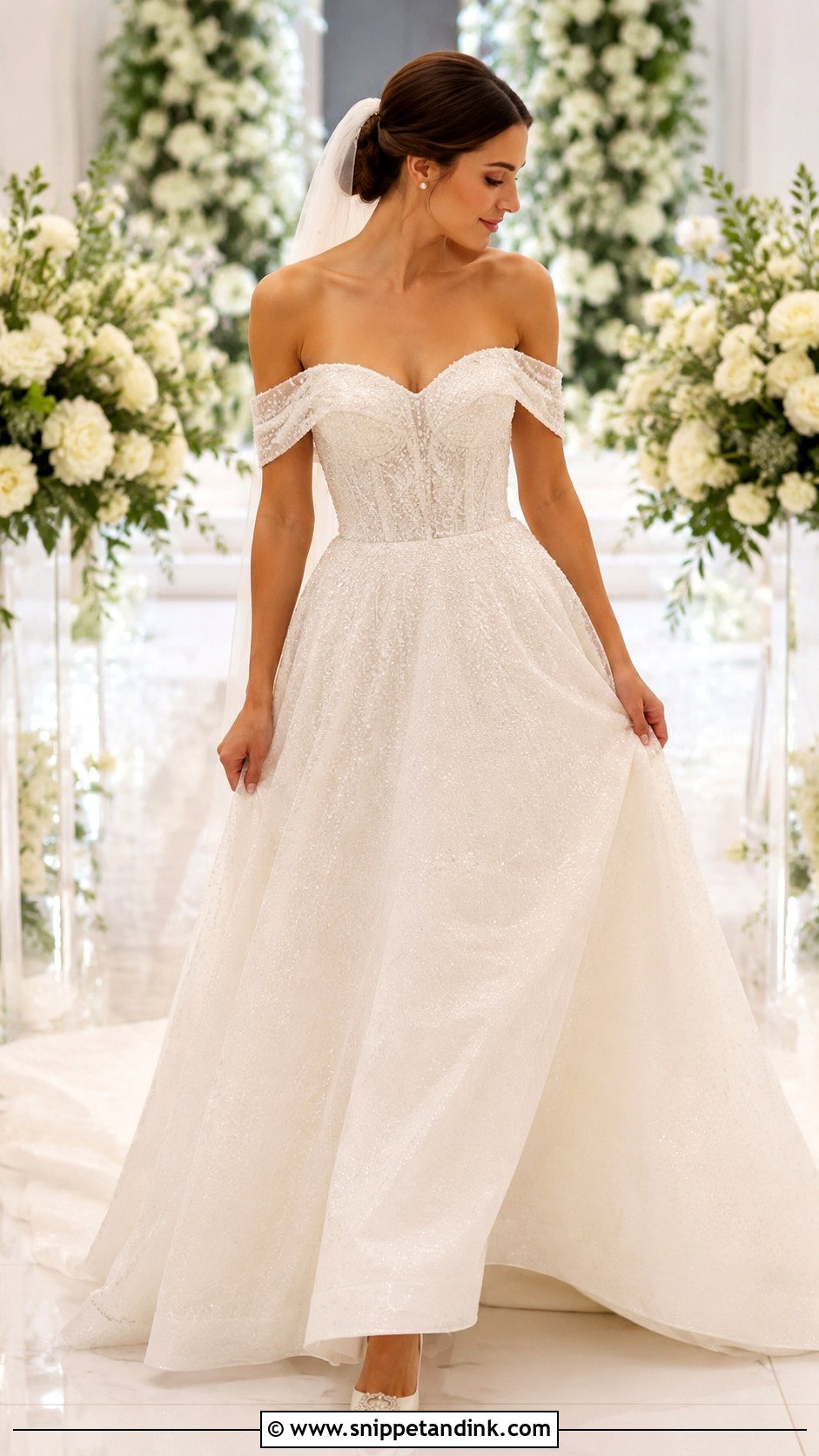 Off Shoulder Glitter Wedding Dress - Snippet and Ink - 20 Bling Sparkle Wedding Dresses